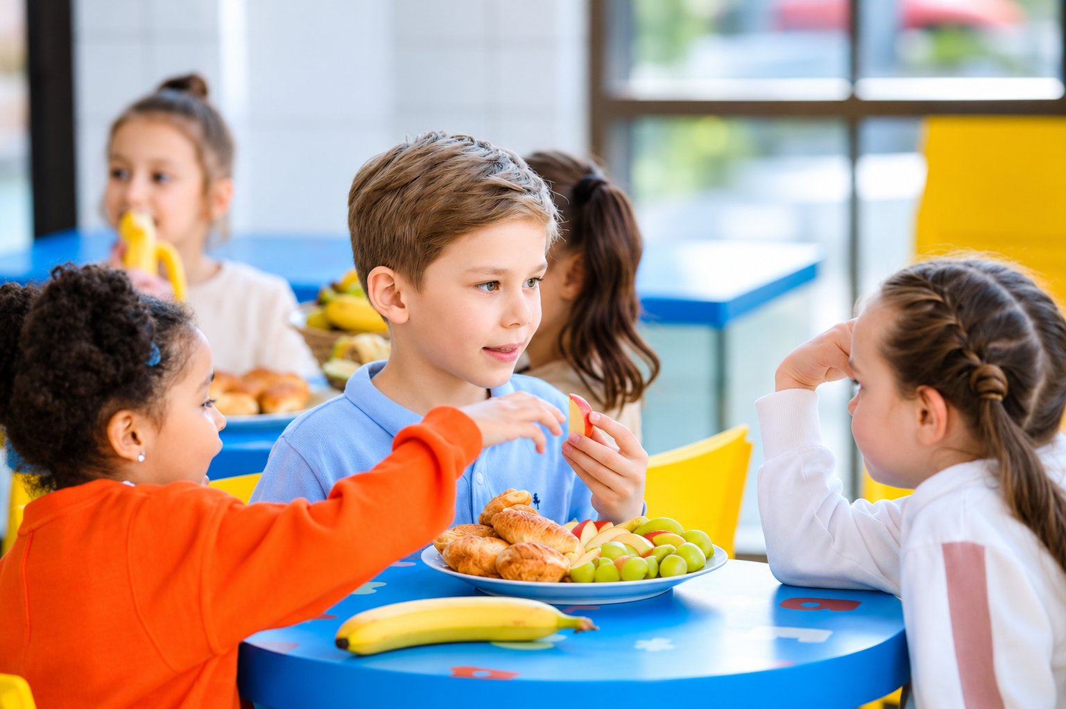 Children eating a school dinner together in a bright school canteen